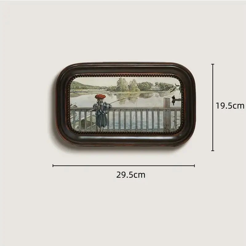 Rectangular french vintage cupid wall mirror with dark brown ornate wood frame featuring a fishing lake image decorbites french vintage