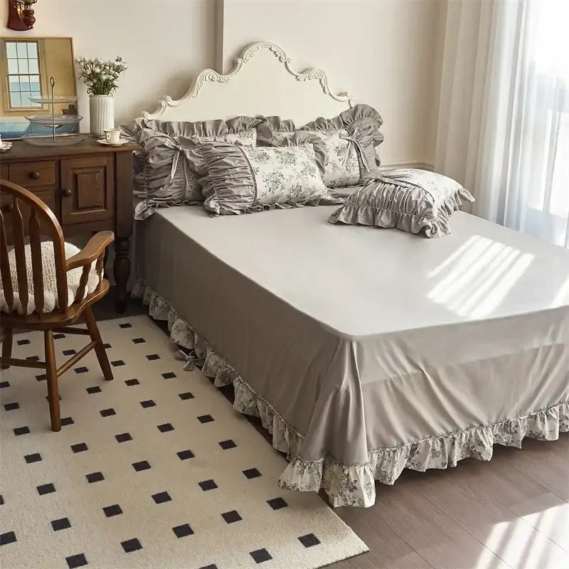 Beige ruffled bed skirt with floral patterned trim from decorbites french vintage flowers bedding set for bedroom decor