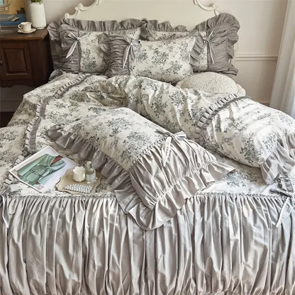 Gray floral ruffled bedding set with satin-like fabric and delicate bows for decorbites french vintage flowers bedroom decor