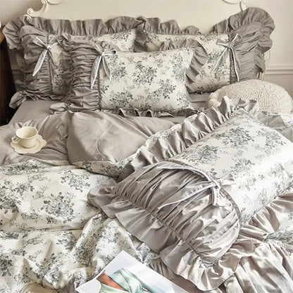 Gray ruffled pillow sham with delicate floral print and satin finish from decorbites french vintage flowers bedding set