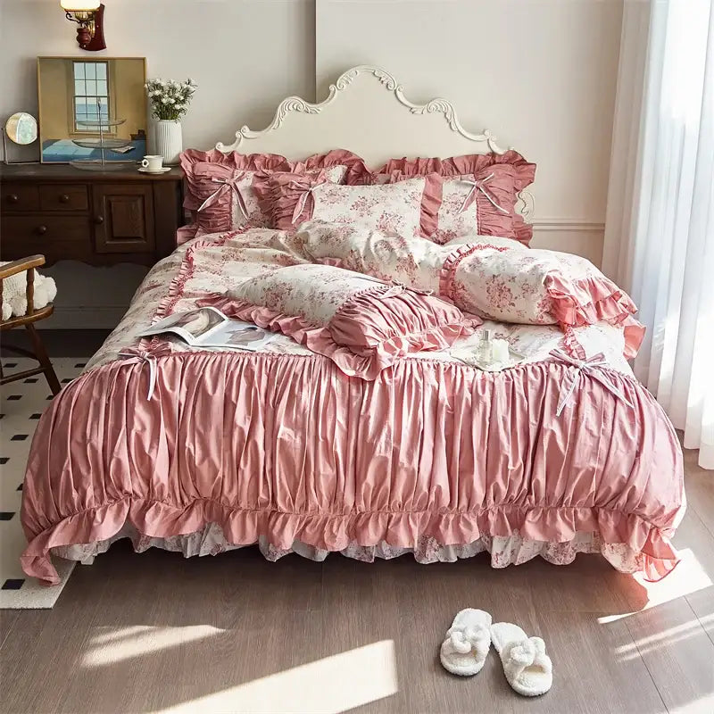 Pink satin ruffled bedding set with floral pattern and lace trim for decorbites french vintage flowers bedroom decor