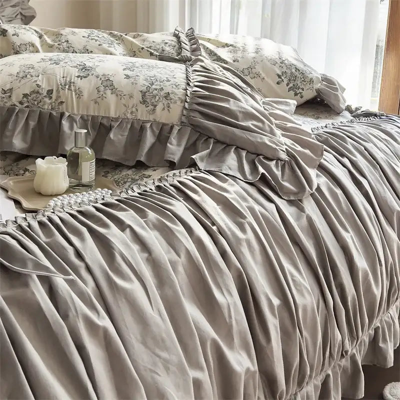 A soft dusty gray velvet bedding set with elegant ruffled edges and matching floral pillowcases by decorbites french vintage flowers