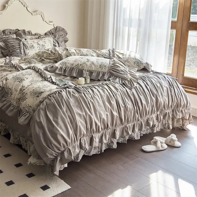 A soft taupe bedding set with delicate floral patterns and layered ruffles for decorbites french vintage flowers decor