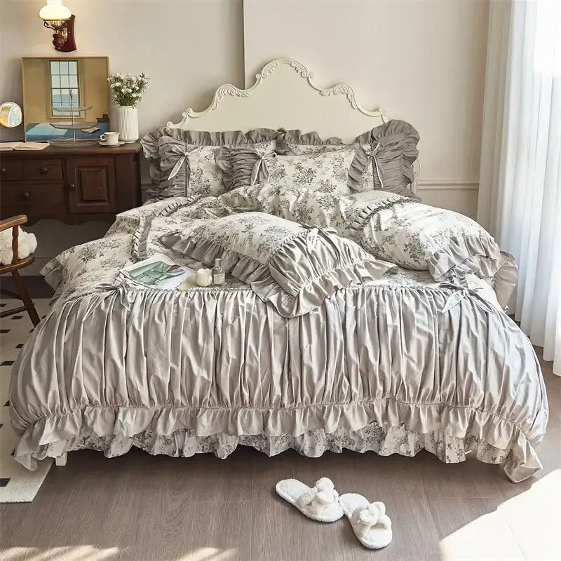 A soft gray floral bedding set with ruffled edges featuring decorbites french vintage flowers design for bedroom decor