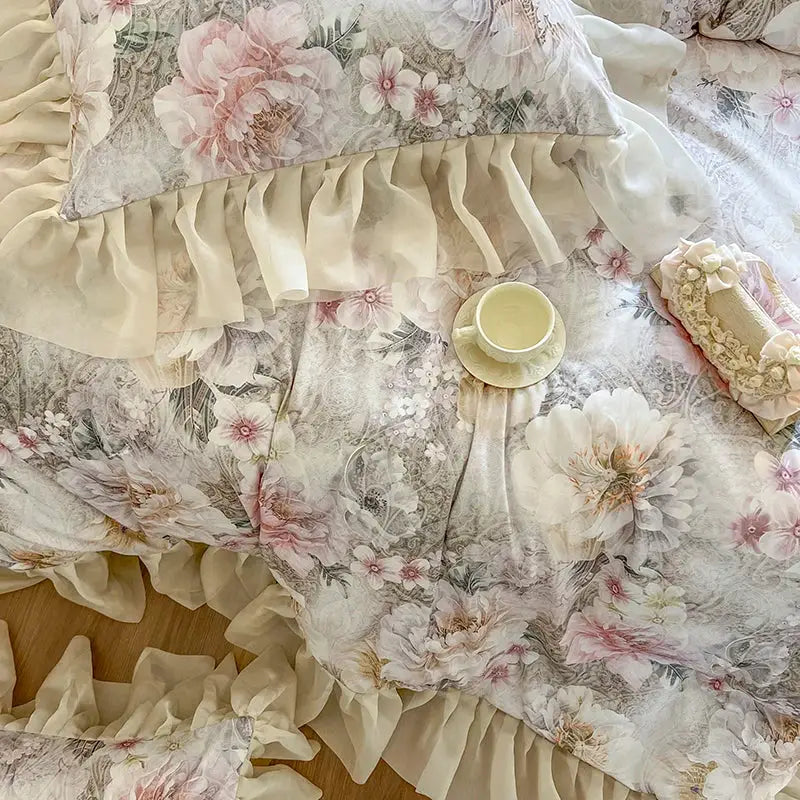 A delicate cream-colored ruffled pillow with a soft pink and gray floral pattern in the decorbites french vintage lace bedding set