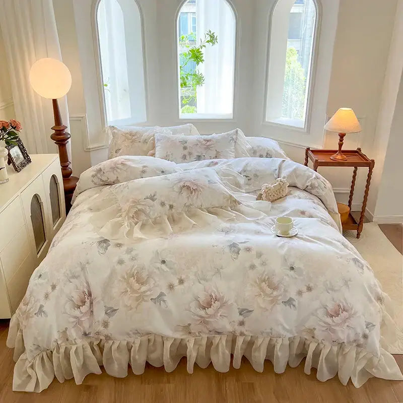 Ivory floral bedding set with soft ruffled edges and french vintage lace design by decorbites for elegant decor