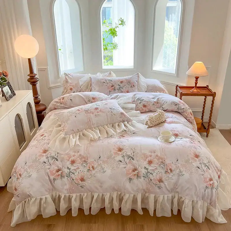 A delicate pink floral bedding set with french vintage lace and ruffled edges on lightweight pastel fabric by decorbites french vintage