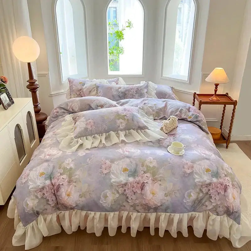 Pastel lavender floral bed set with delicate ruffled edges and matching pillows from decorbites french vintage lace bedding set