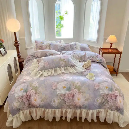 Pastel lavender floral bed set with delicate ruffled edges and matching pillows from decorbites french vintage lace bedding set