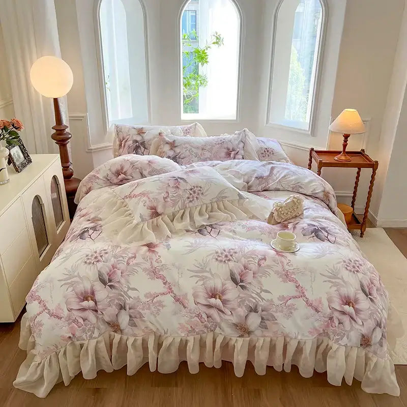 Pink floral patterned bedding set with ruffled edges made of soft cotton decorbites french vintage lace style