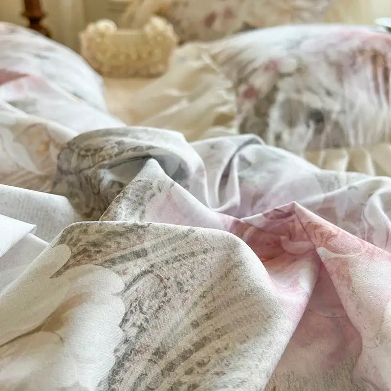 Soft flowing bedding set with delicate pink gray floral pattern on lightweight fabric decorbites french vintage lace