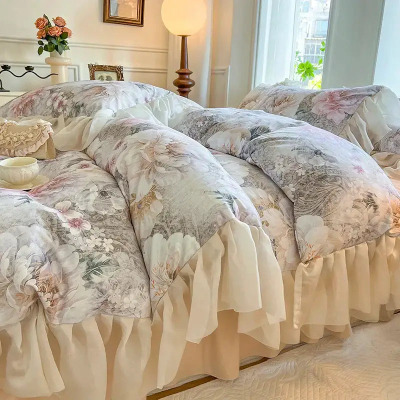 A soft floral-patterned bedding set in muted pastels with delicate ruffled edges decorbites french vintage lace