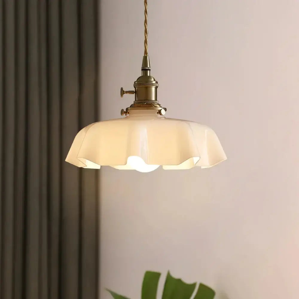 Antique brass-finished decorbites french vintage pendant light with off-white ruffled glass shade for kitchen island