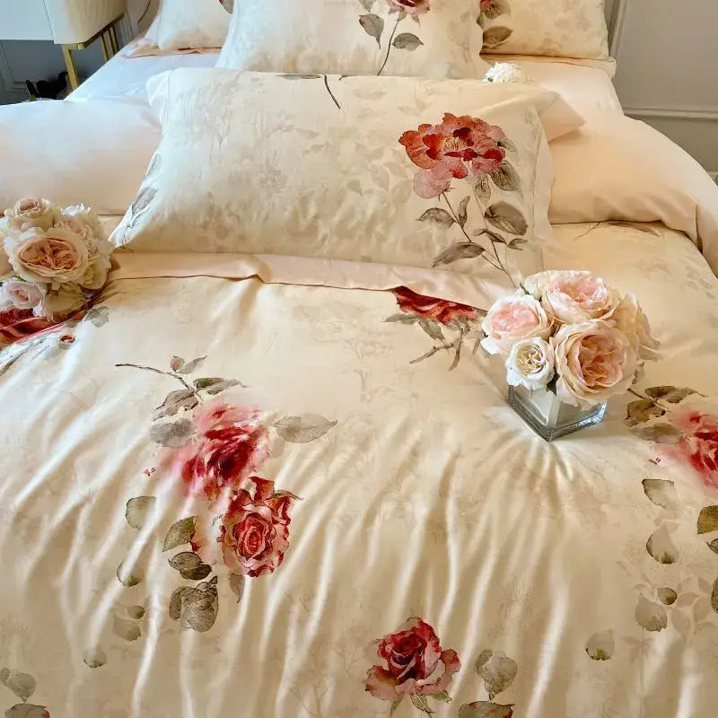 Cream-colored satin bedding set with red and pink rose floral patterns decorbites french vintage rose cotton design