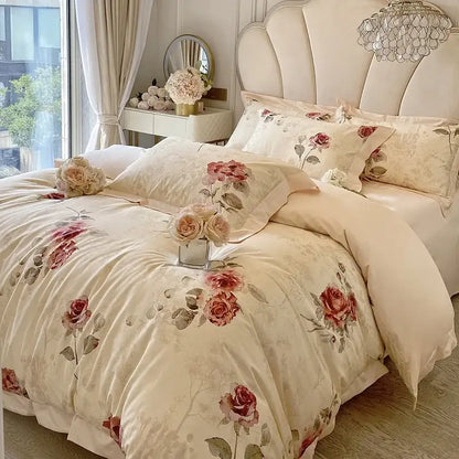 Cream-colored satin bedding set with delicate red and pink rose embroidery french vintage rose decorbites design