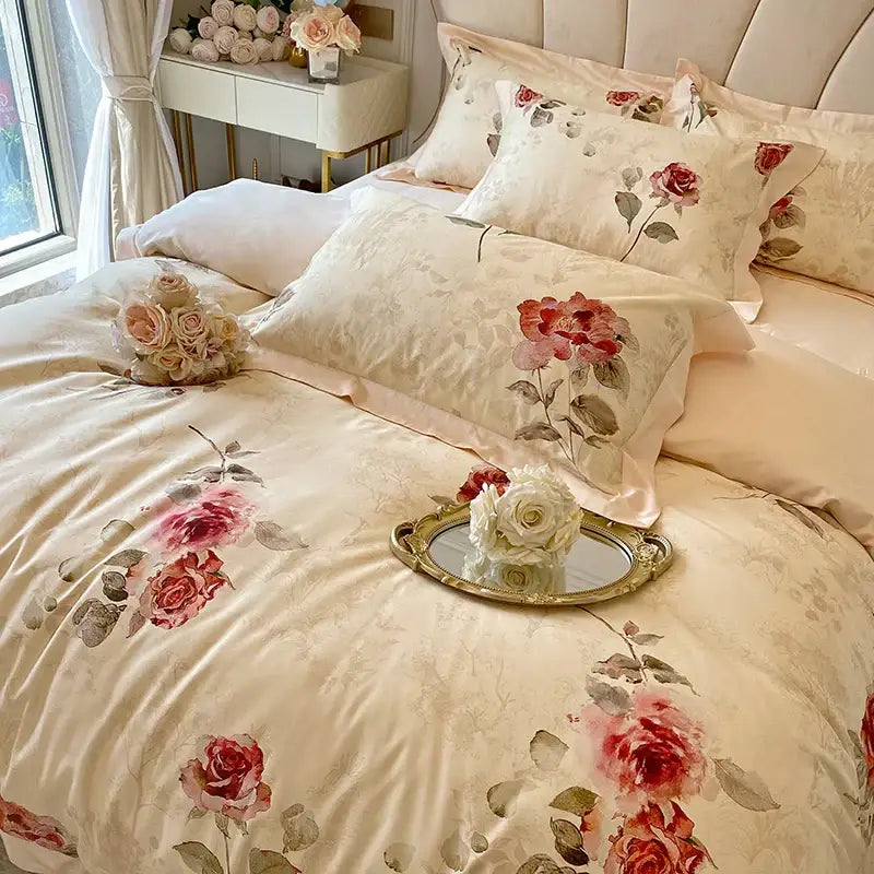 Cream-colored satin french vintage rose bedding set with red pink floral patterns and subtle gray accents decorbites french vintage