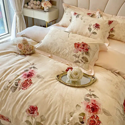 Cream-colored satin french vintage rose bedding set with red pink floral patterns and subtle gray accents decorbites french vintage