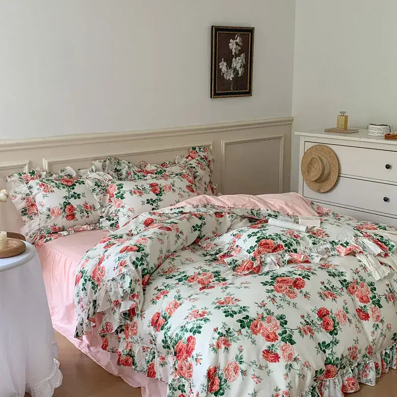 Floral ruffled bedding set with pink roses on white soft cotton fabric featuring delicate frayed edges decorbites french vintage rose