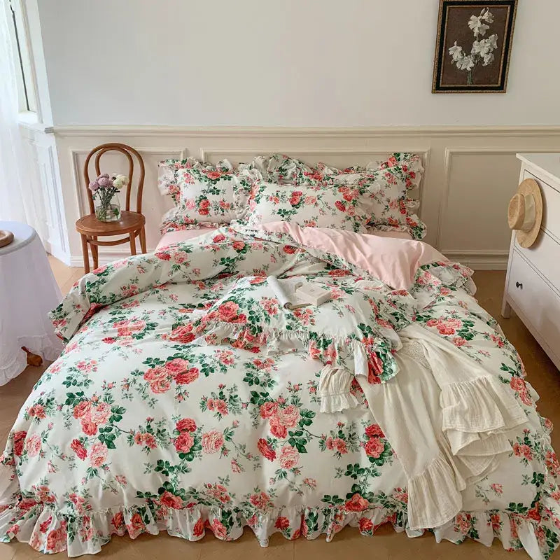 A decorbites french vintage rose bedding set with pink roses green leaves and lace ruffles on cream background