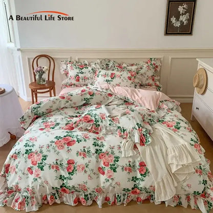 Floral ruffled bedding set with pink roses on cream background featuring decorbites french vintage rose print and lace ruffles