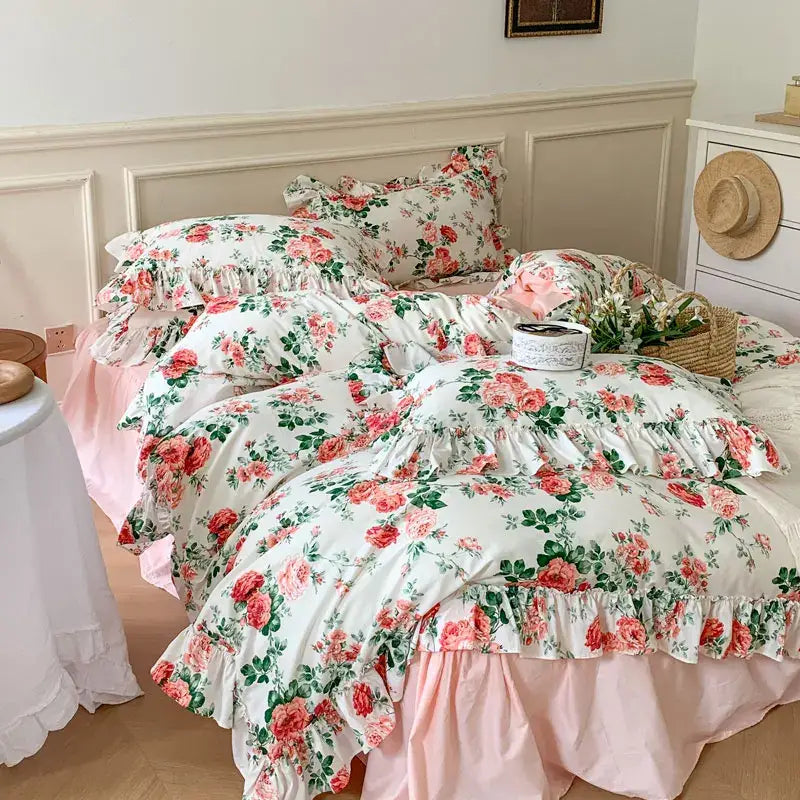 A soft white floral bedding set with ruffled edges and pink roses from decorbites french vintage rose collection