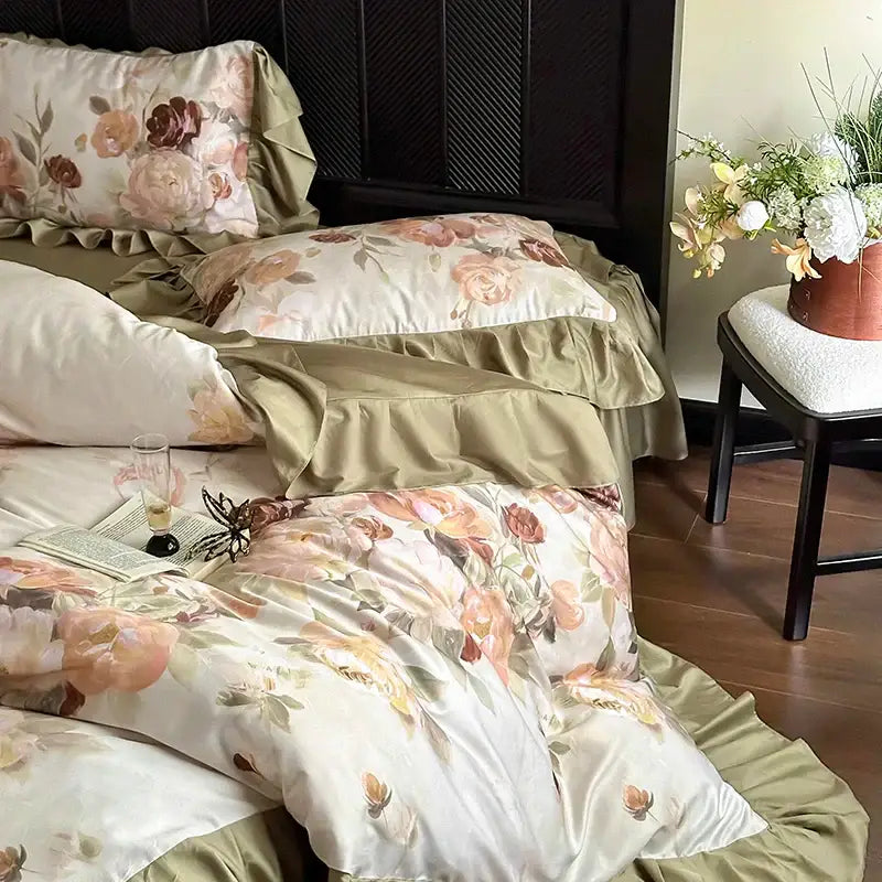 Elegant satin bedding set with floral pattern and ruffled edges in beige and olive green decorbites french vintage style