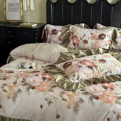Elegant decorbites French vintage ruffles bedding set with peach and olive green satin roses on creamy background