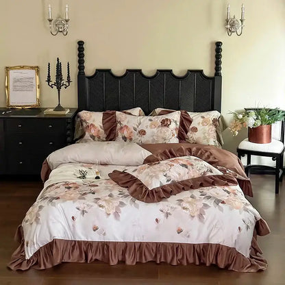 Elegant decorbites french vintage bedding set with floral satin fabric, ruffled edges in cream and muted brown tones