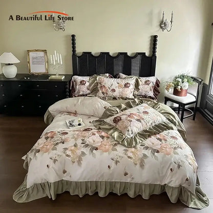 Beige and olive green floral bedding set with ruffled edges from decorbites french vintage collection