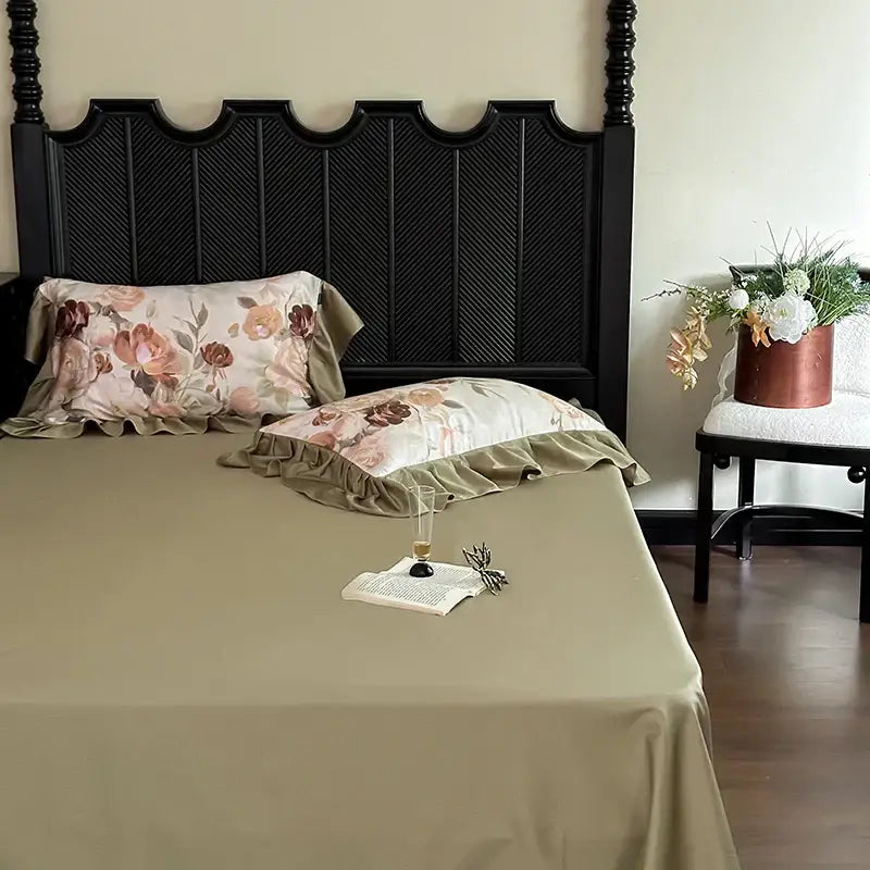 Olive green satin bedding set with ruffled floral pillowcases on dark wood headboard decorbites french vintage ruffles