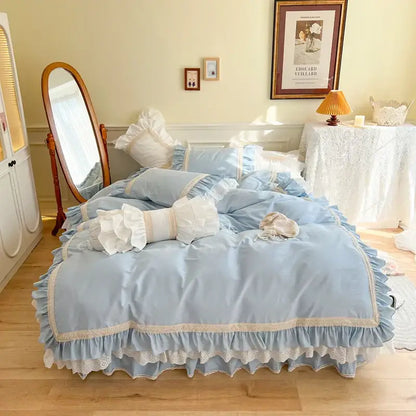 Light blue ruffled cotton bedding set with lace trim and matching pillows for decorbites french vintage ruffles bedroom decor
