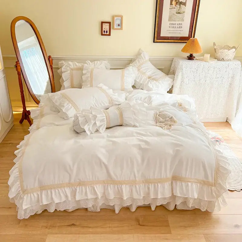 White ruffled cotton bedding set with delicate lace trim and cream piping decorbites french vintage ruffles