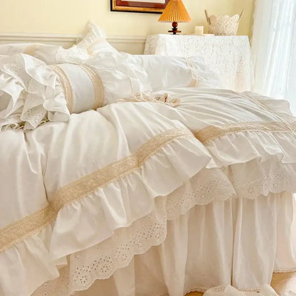 Cream-colored french vintage ruffles bedding set with delicate lace trim and layered cotton fabric by decorbites french vintage
