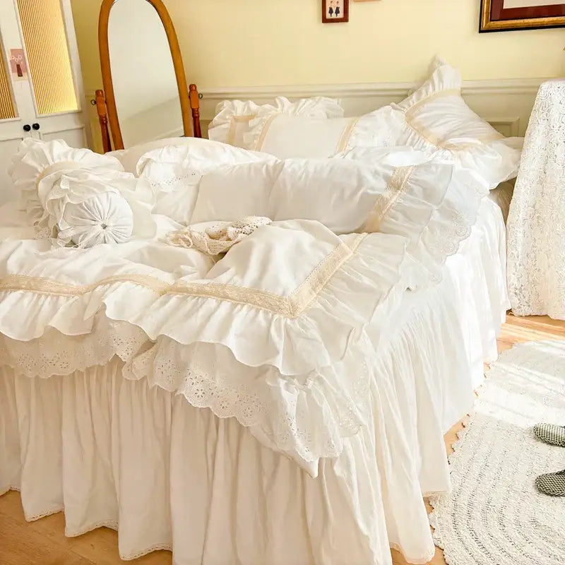 White ruffled bedding set with delicate lace trim and layered cream cotton fabric decorbites french vintage ruffles