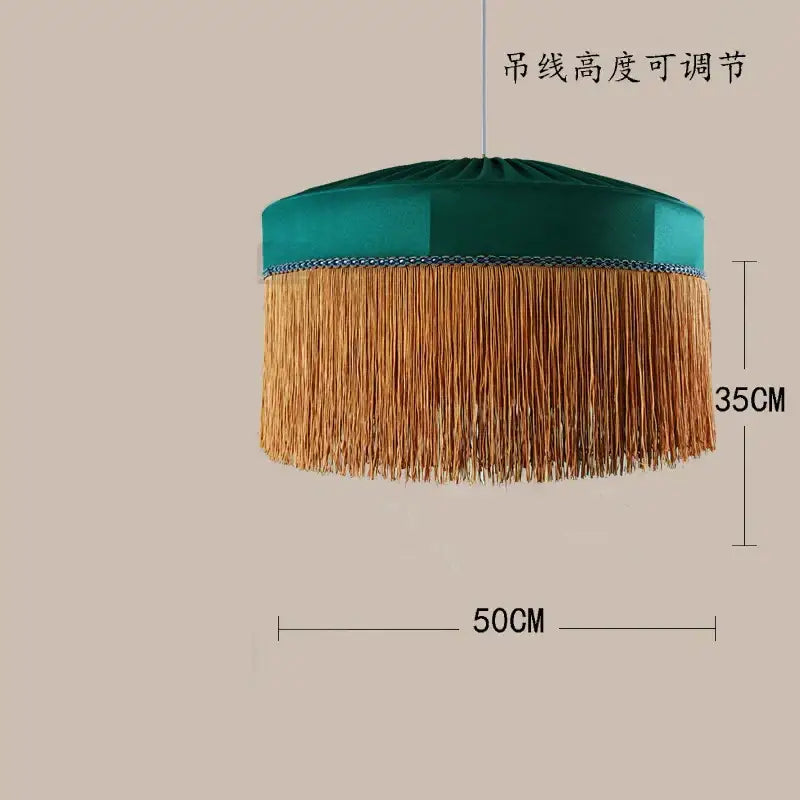 Emerald green satin beauvamp tassel pendant light with golden brown fringe for living room lighting