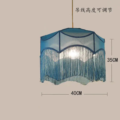 Blue fringed beauvamp tassel pendant light with sheer mesh top and decorative trim for living room lighting