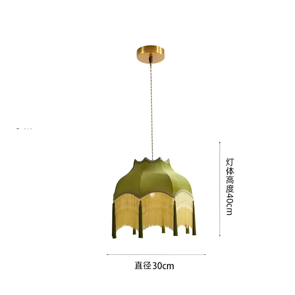 Olive-green beauvamp tassel pendant light with gold fringe and brass ceiling mount for living room lighting