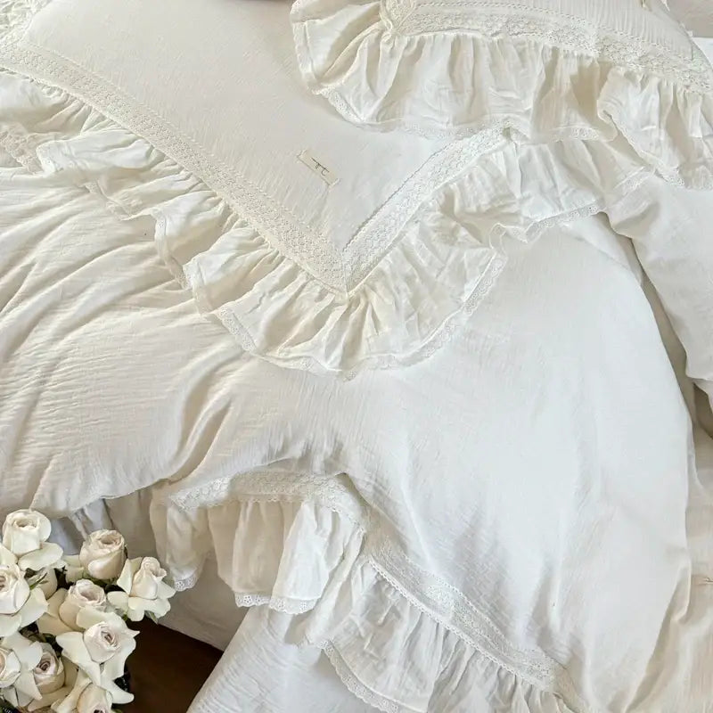 White ruffled pillow sham with delicate lace trim in French vintage white double layer crinkle yarn bedding set