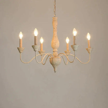 Antique rust french vintage wooden chandelier with five candle-shaped bulbs in distressed white and beige for dining room decorbites french vintage