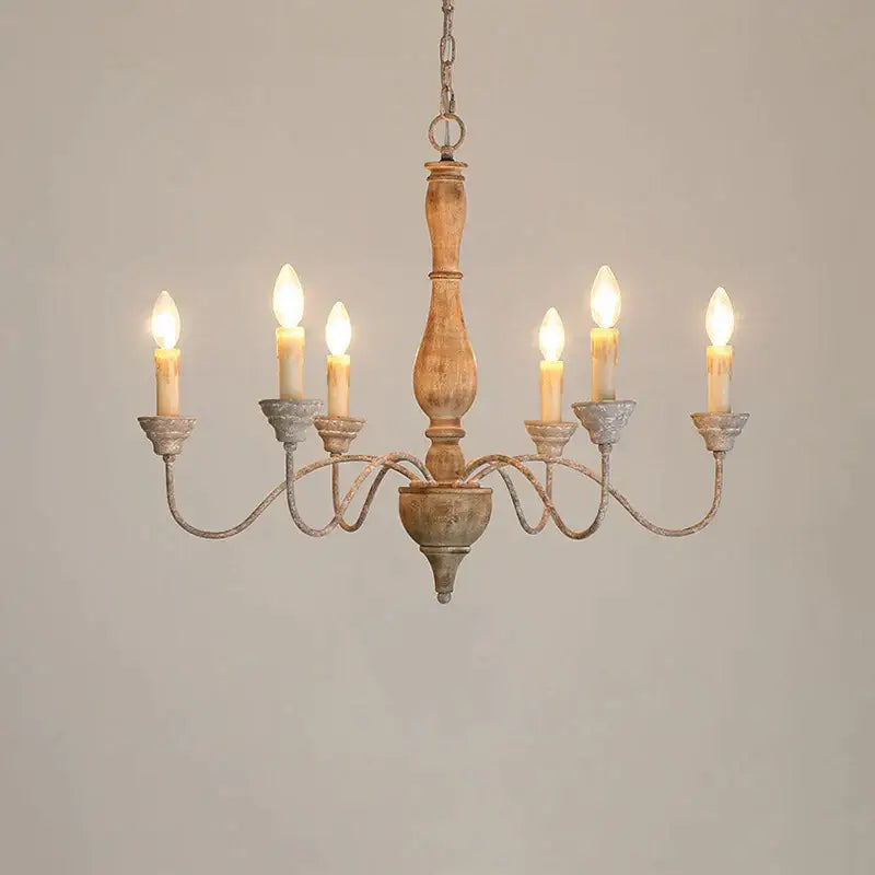 Decorbites french vintage wooden chandelier with six candle-like bulbs and rustic distressed finish for dining room decor