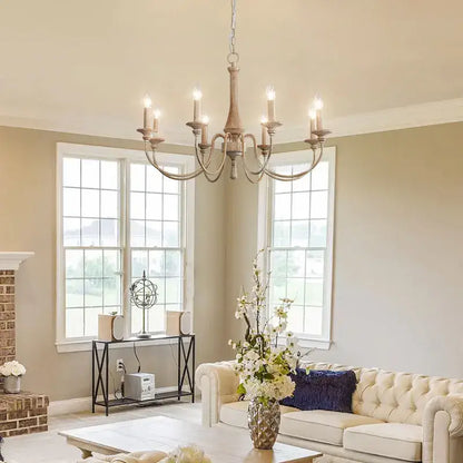Antique white wrought iron french vintage wooden chandelier with six candle-style lights for dining room decorbites french vintage