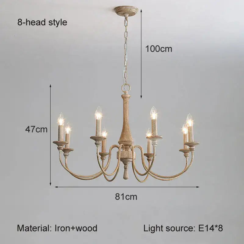 A rustic 8-head french vintage wooden chandelier with distressed beige finish in iron and wood for dining room decorbites french vintage