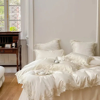 White satin bedding set with delicate lace trim in cream and white for decorbites french wedding chic bedroom decor