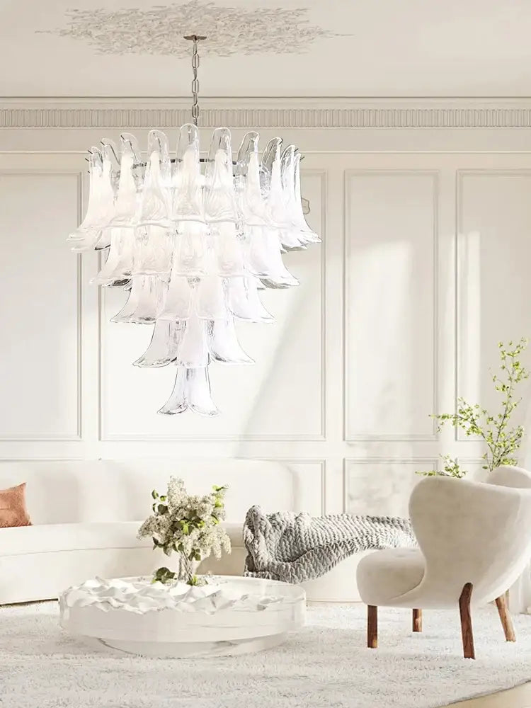 Multi-tiered french white glass petal chandelier with translucent shades pendant lights by decorbites for dining room decor