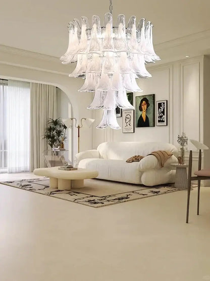 A multi-tiered french white glass petal chandelier pendant light with frosted and clear elements for dining room decorbites french white