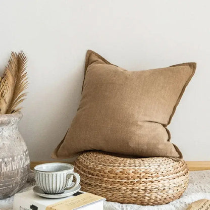 Beige linen pillow cover with subtle texture and stitched edges for ivory and grey living room decorbites linen pillow decor