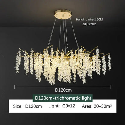 Frosted aluminum golden branch crystal chandelier 120cm gold tone with cascading crystals and trichromatic light design