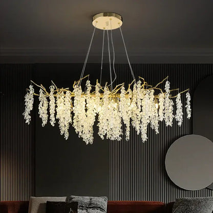 Elegant aluminum golden branch chandelier with frosted aluminum golden finish and cascading crystal droplets for dining room decorbites
