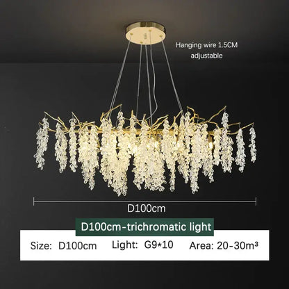 Gold-toned frosted aluminum golden branch crystal chandelier with cascading droplets for modern dining room decorbites lighting