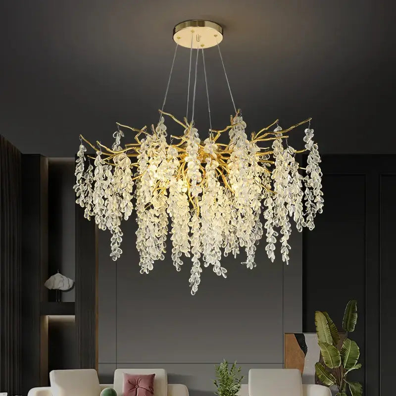 Frosted aluminum golden branch crystal chandelier with cascading clear droplets for elegant dining room decorbites design